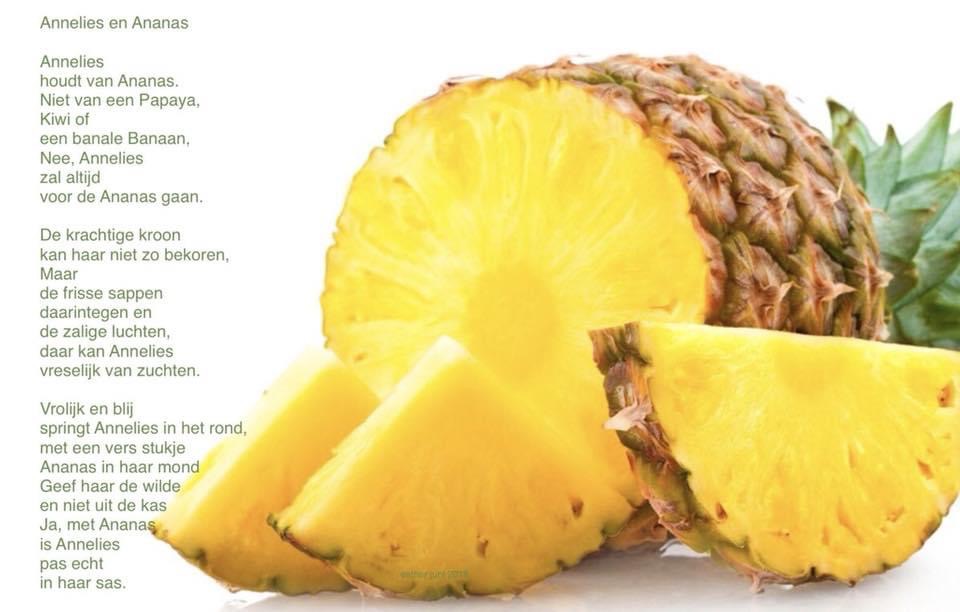 annelies en ananas
annelies houdt van ananas
niet van papaya, kiwi of een banale banaan Nee, annelies zal altijd voor de ananas gaan

de krachtige kroon
kan haar niet zo bekoren
maar de frisse sappen daarentegen
en de zalige luchten
daar kan annelies vreselijk van zuchten

vrolijk en blij
springt annelies in het rond
met een vers stukje ananas in haar mond
geef haar de wilde en niet uit de kas
ja, met ananas is annelies pas echt in haar sas