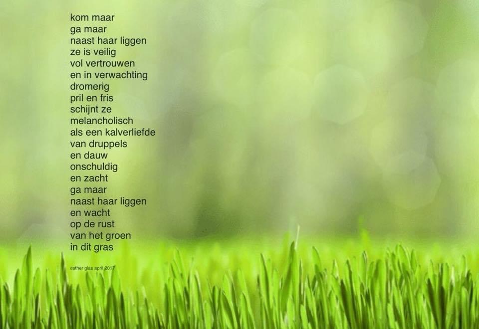 kom maar
ga maar naast haar liggen
ze is veilig, vol vertrouwen
en in verwachting
dromerig, pril en fris
schijnt ze melancholisch
als een kalverliefde
van druppels en dauw
onschuldig en zacht
ga maar naast haar liggen
en wacht op de rust
van het groen in dit gras
