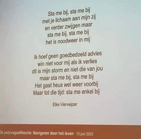 Sta me bij, sta me bij
met je lichaam aan mijn zij
en verder zwijgen maar
sta me bij, sta me bij
het is noodweer in mij

Ik hoef geen goedbedoeld advies
win niet voor mij als ik verlies
dit is mijn storm en niet die van jou
maar sta me bij, sta me bij
Het gaat heus wel weer voorbij
Maar tot die tijd: sta me enkel bij 

Elke Vierveijzer